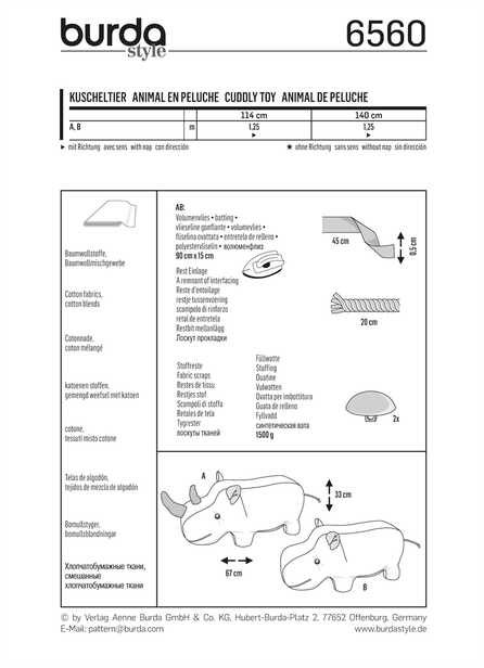 6560. Burda - STUFFED HIPPO OR RHINO