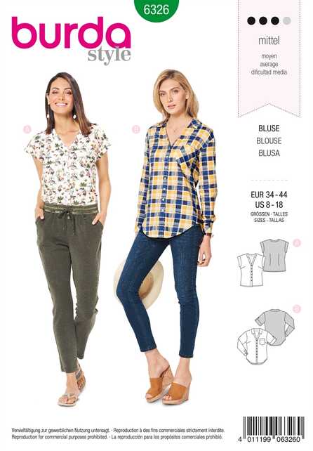 6326. Burda Dam -  BURDA STYLE PATTERN MISSES' SHIRT WITH V NECK