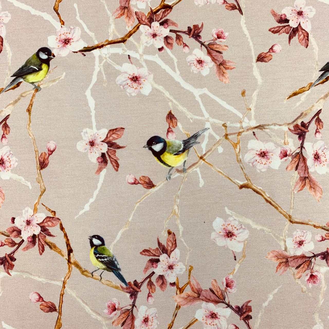 Talgoxe & körsbärsblom, beige -Trikåtyg