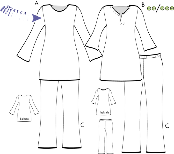 Tunika och byxa för stretchjersey 1H04, 36-46