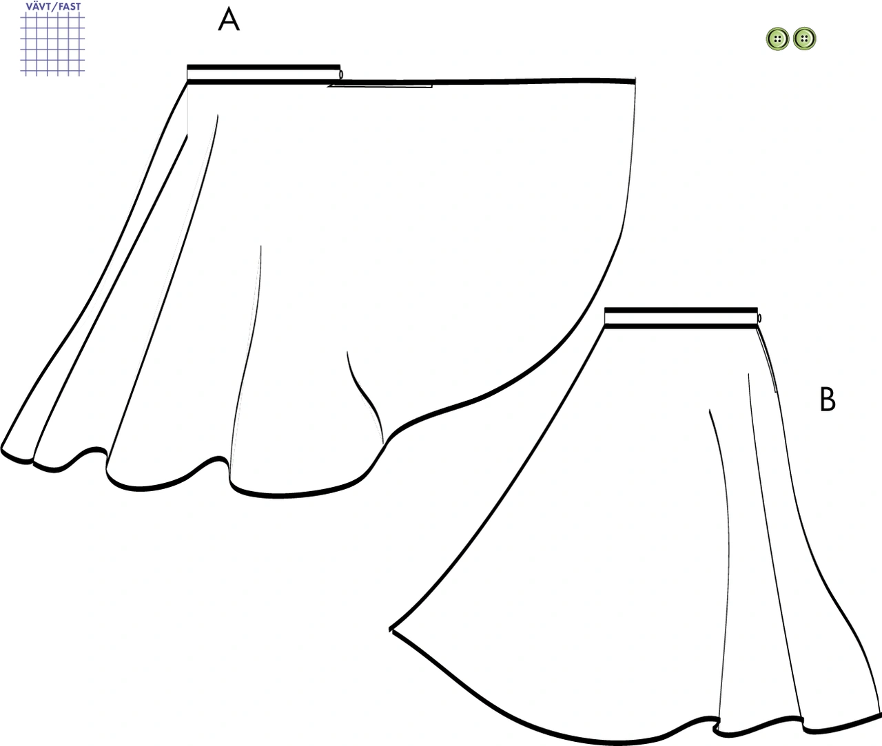 Hel- eller halvcirkelkjol 2V04, 36-46.