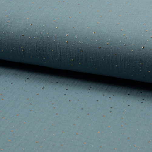 Muslin tyg, Guld dots - Dusty blue