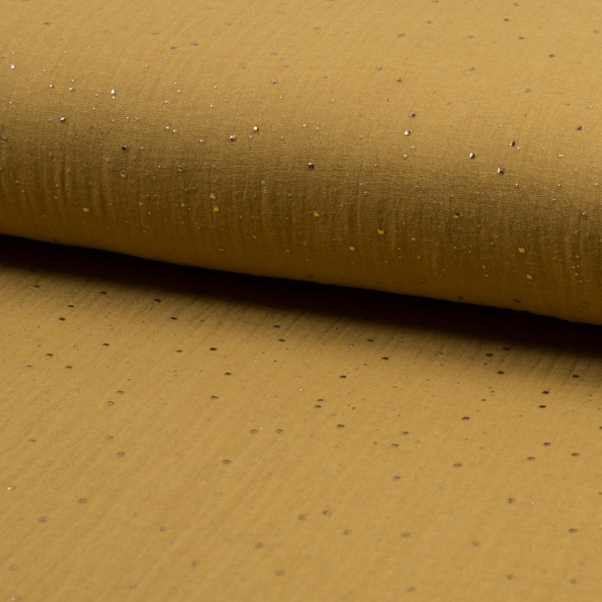 Muslin tyg, Guld dots - Caramel