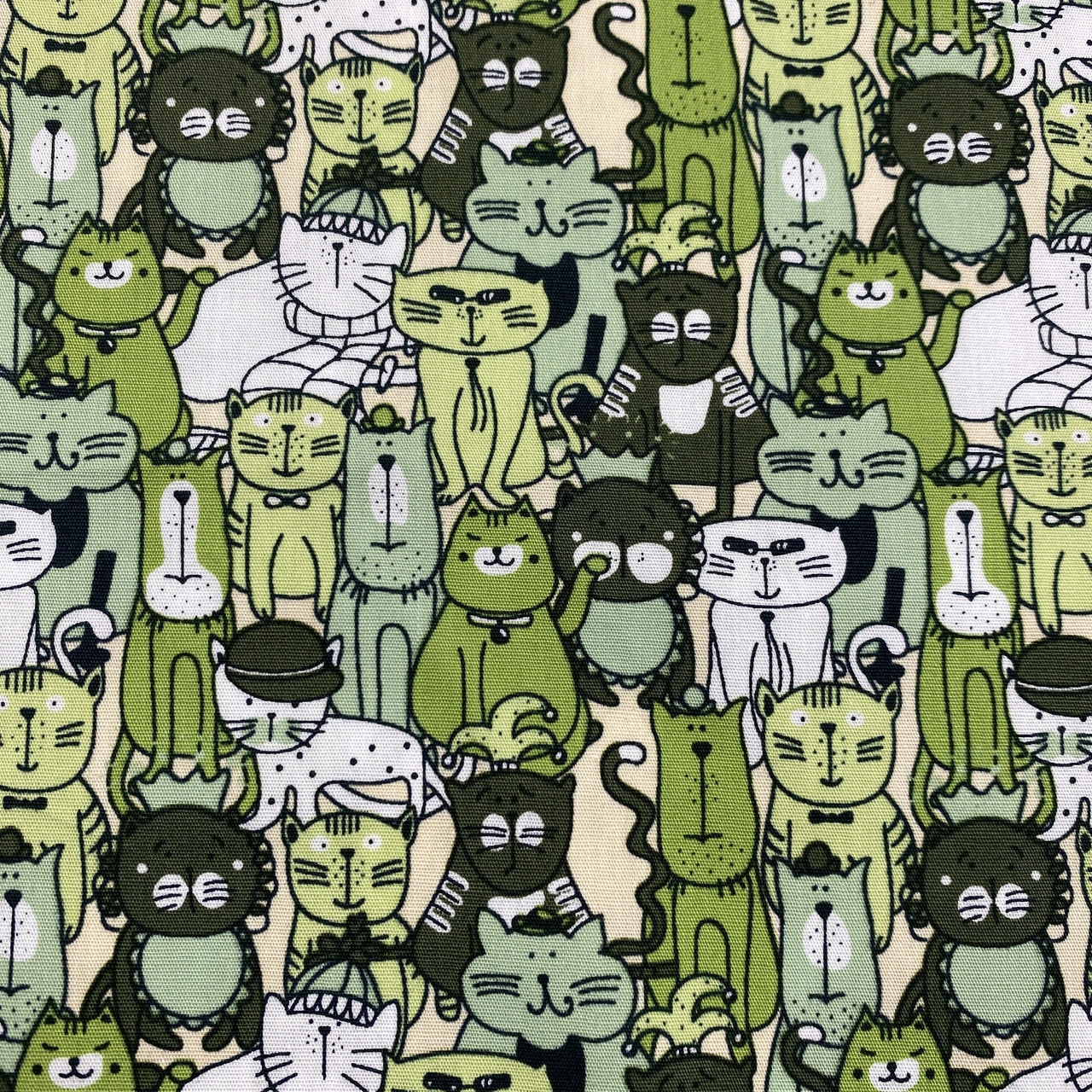 Cotton Fabric, Woven - Multi Cats Green