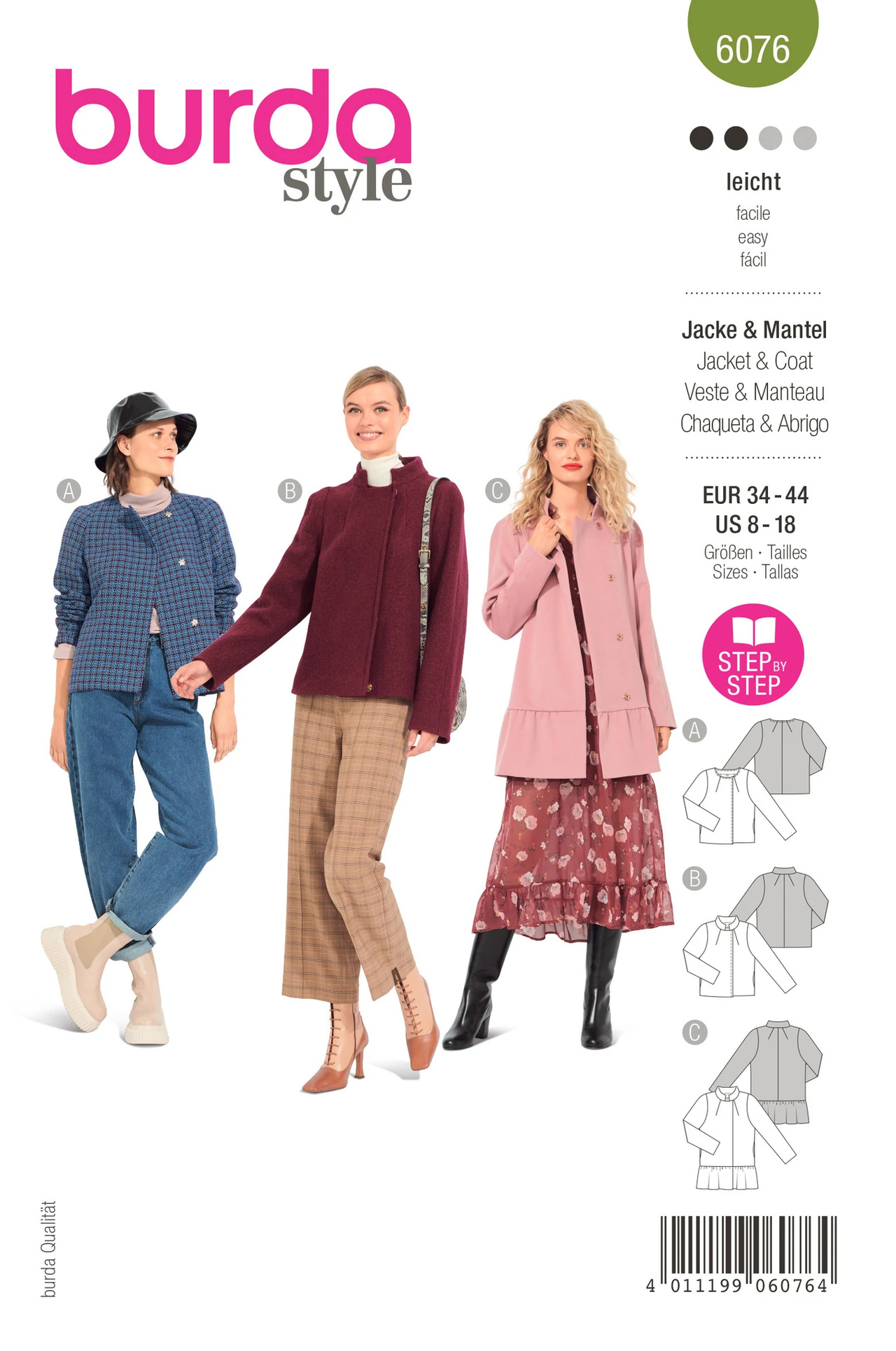 BURDA 6076 - BURDA 6076 JACKET, COAT - COLLARLESS OR WITH STAND COLLAR
