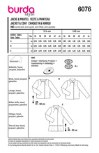 BURDA 6076 - BURDA 6076 JACKET, COAT - COLLARLESS OR WITH STAND COLLAR