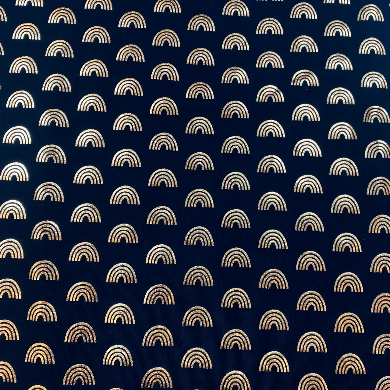 Rainbow, blå, guldfolie print  - Trikåtyg