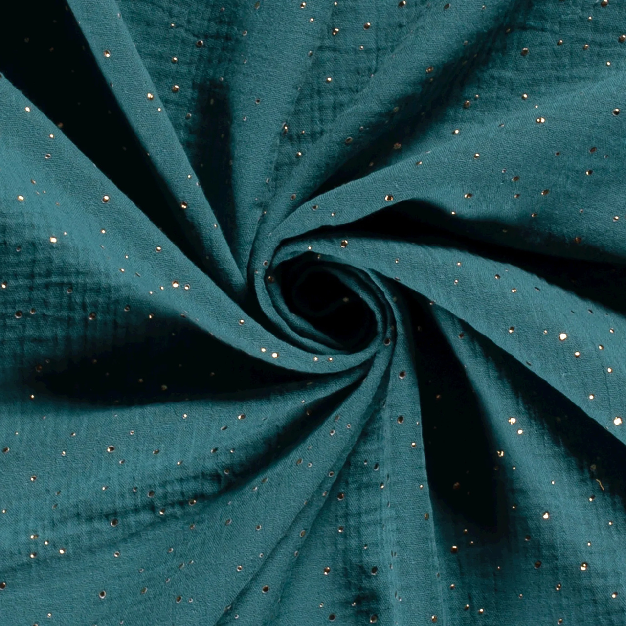 Muslin tyg, Guld dots - Petrol