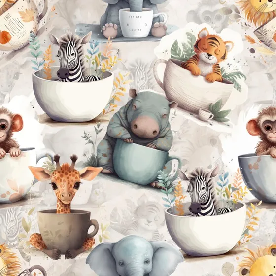 Animals in Cups, Ecru - Trikåtyg