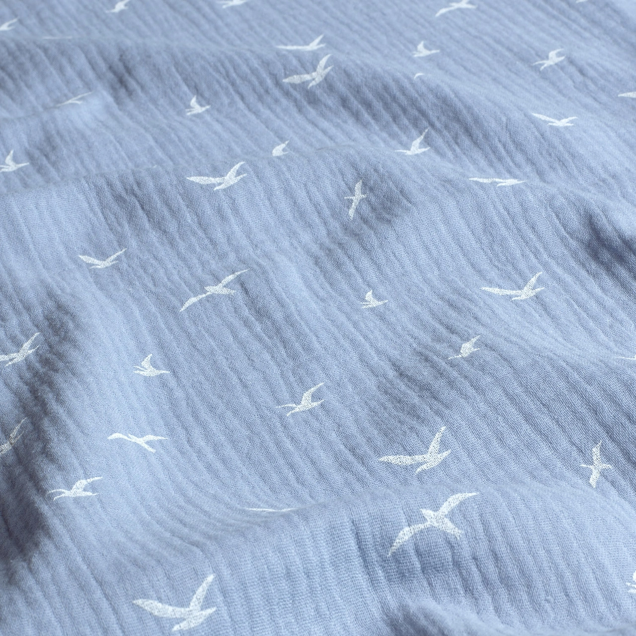 Bird, dusty blue - Digitaltryckt Muslin tyg