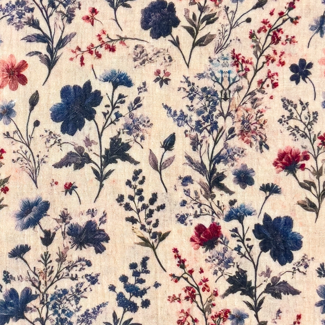 Blå blommor - Digitaltryckt Muslin tyg