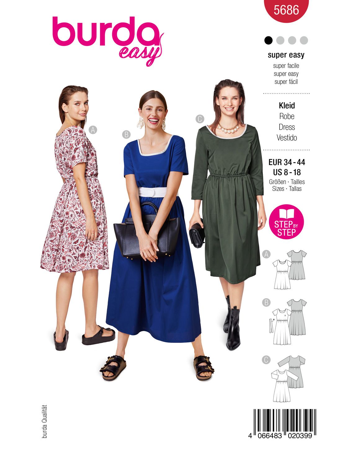 Burda 5686 - Dam -  Sommarklänningar Markerad Midja.