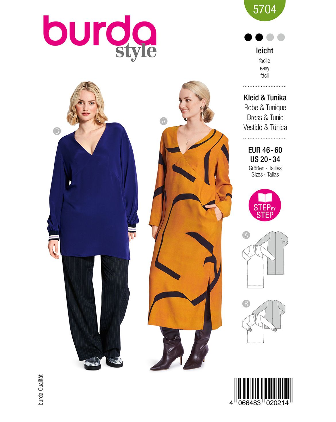 Burda 5704 - Dam -  Klänning Och Tunika Med V-ringning.