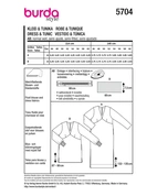 Burda 5704 - Dam -  Klänning Och Tunika Med V-ringning.