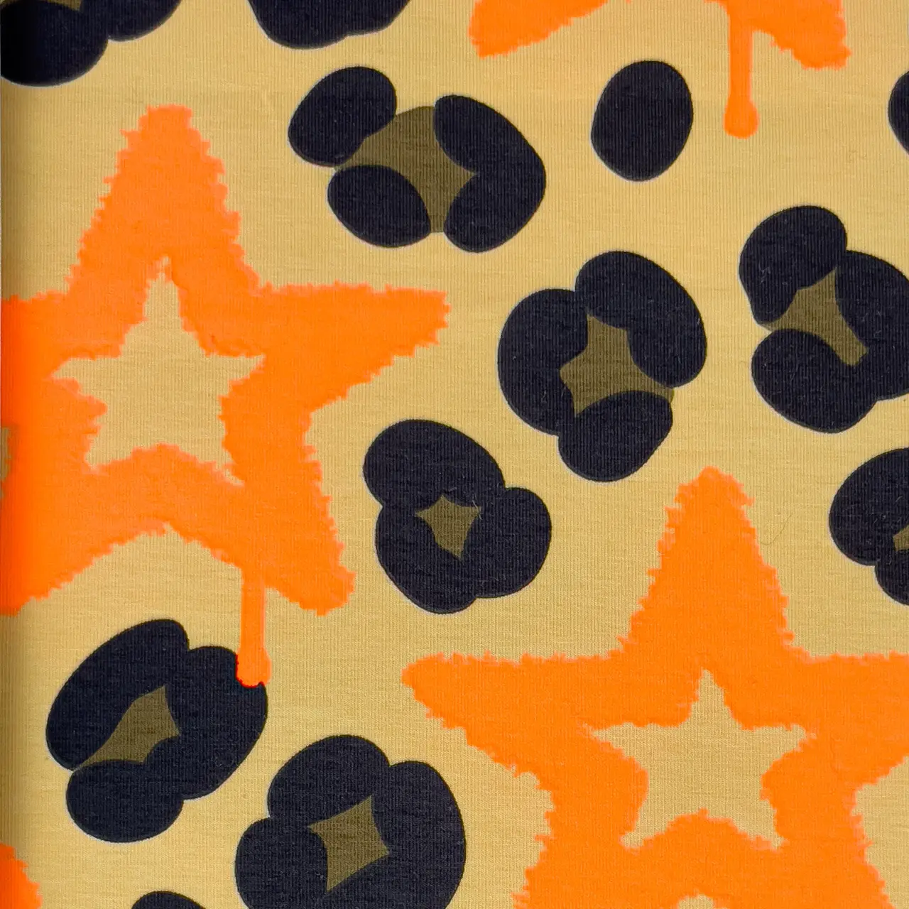 Leopard With Neon Stars, Neon Orange - Trikåtyg