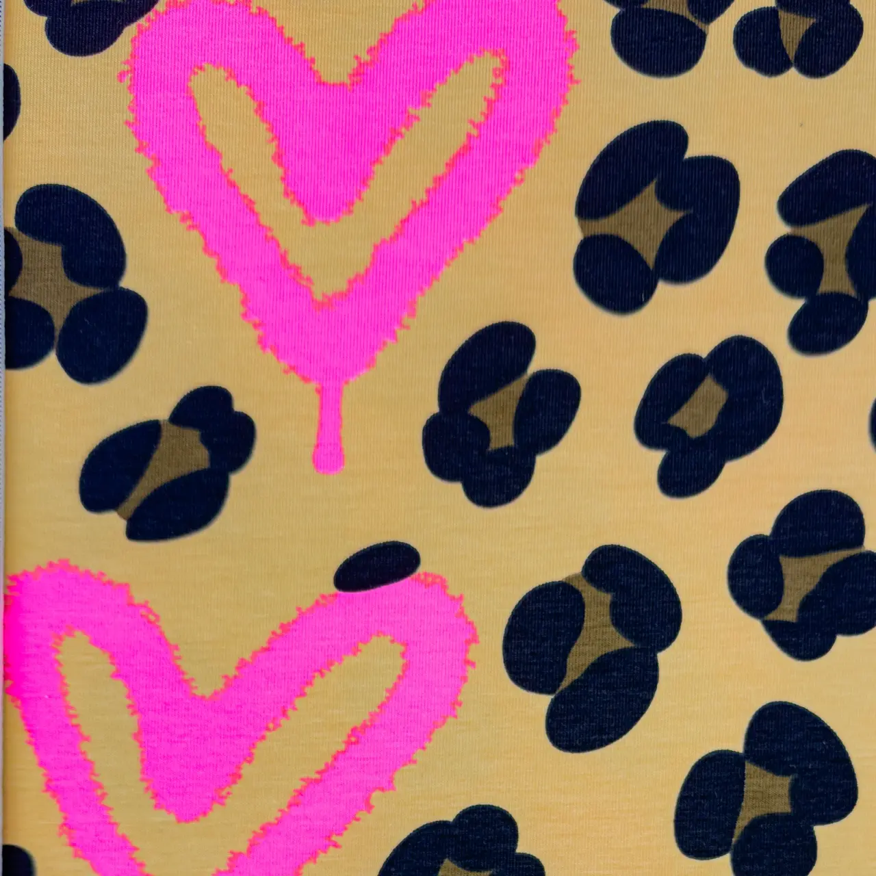 Leopard With Neon Hearts, Fuchsia - Trikåtyg
