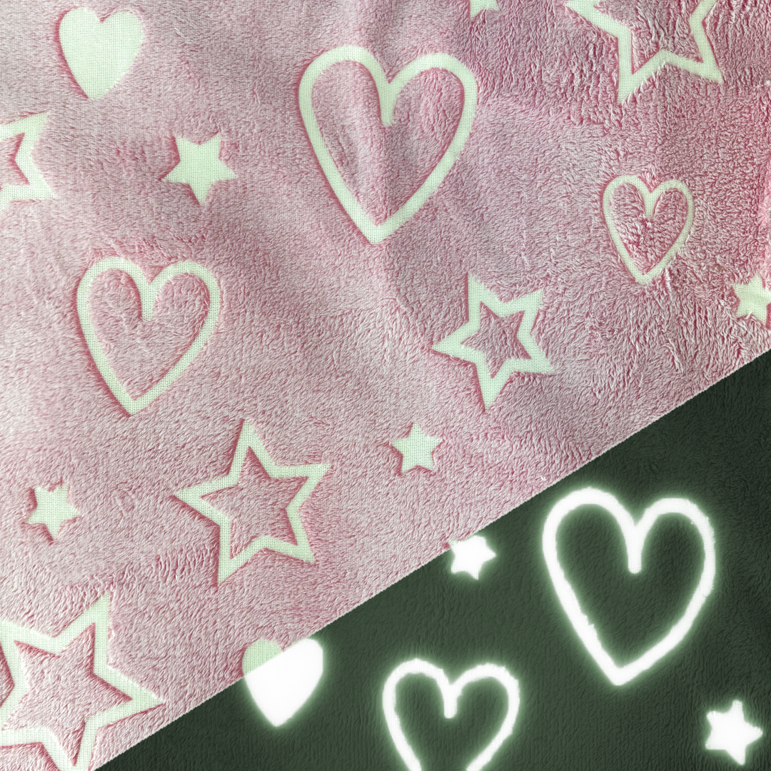 Hearts and Stars Pink - Fleece Glow in the dark.