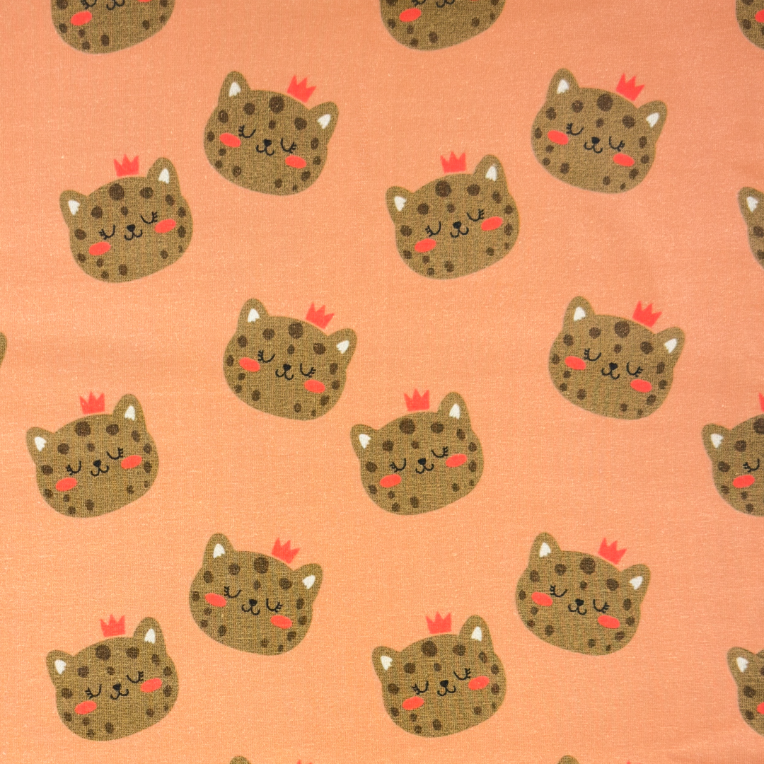 Cat Face, Peach - Jersey Fabric