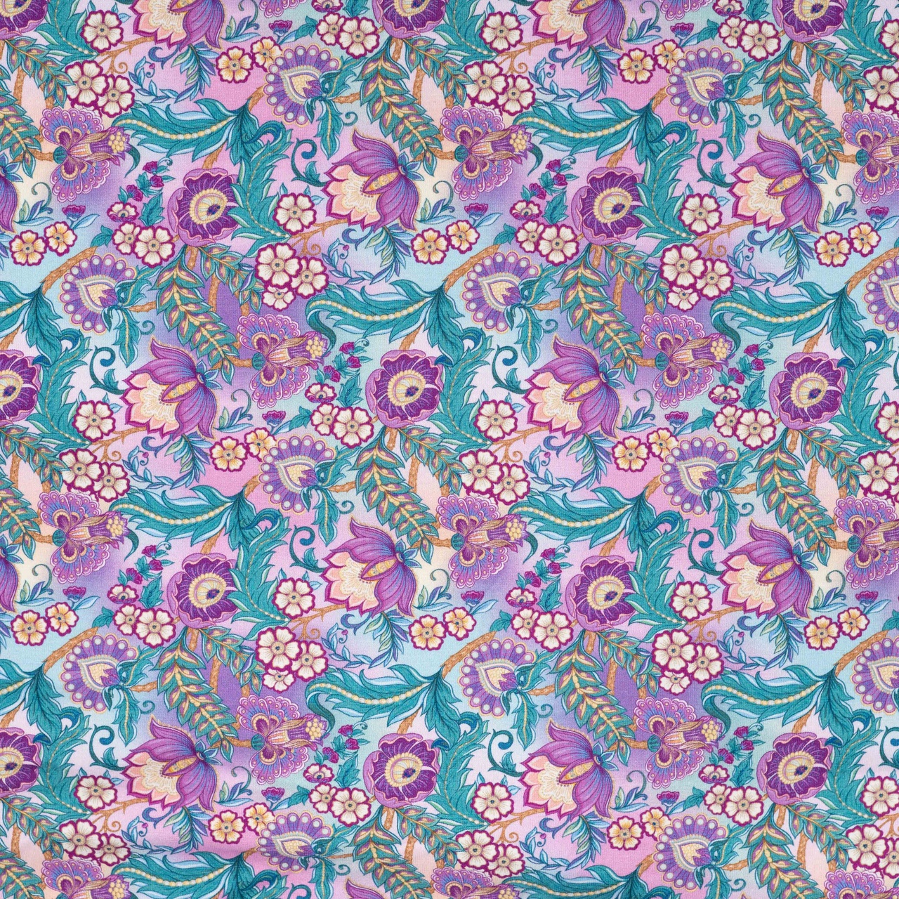 Lila turkosa blommor - Trikåtyg