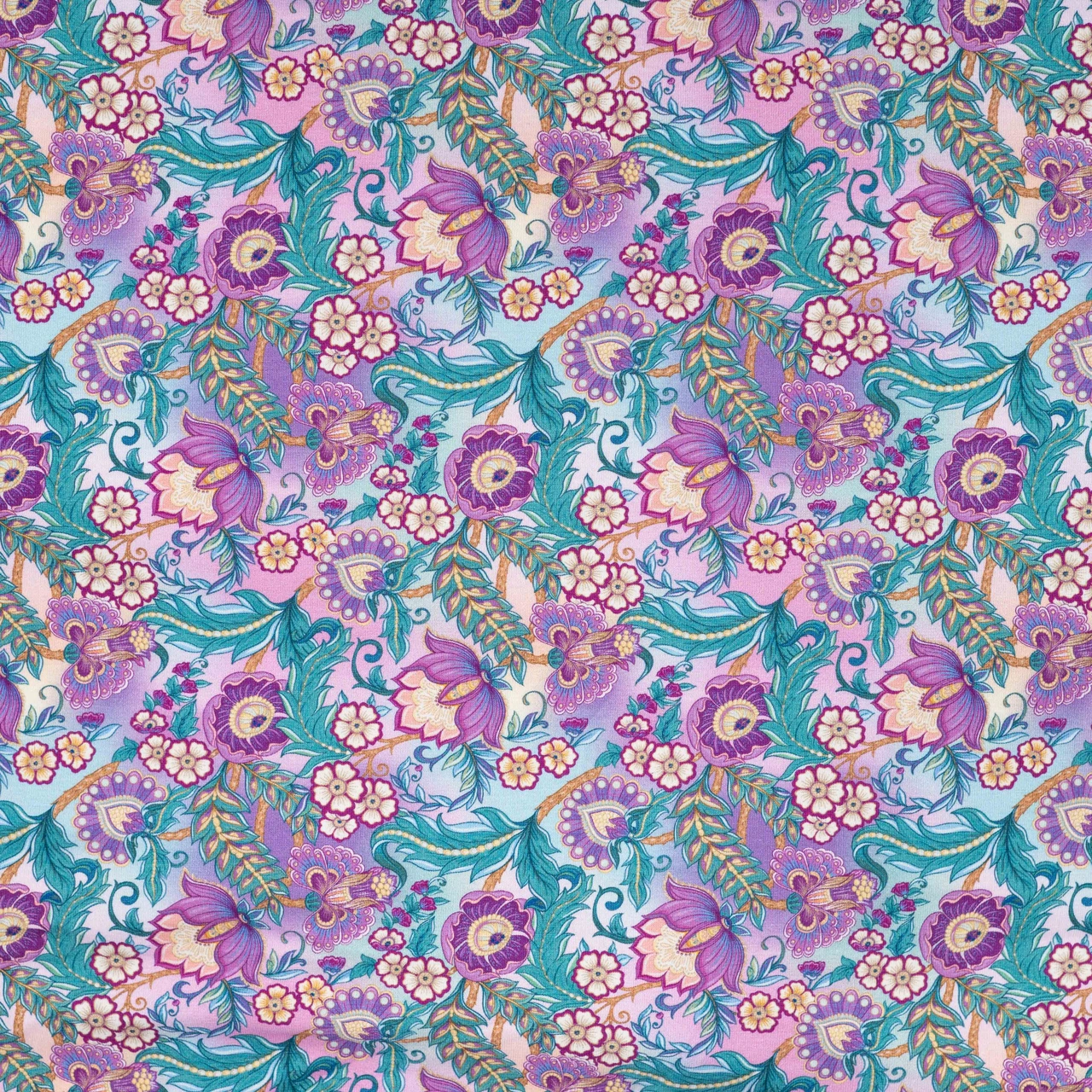 Lila turkosa blommor - Trikåtyg