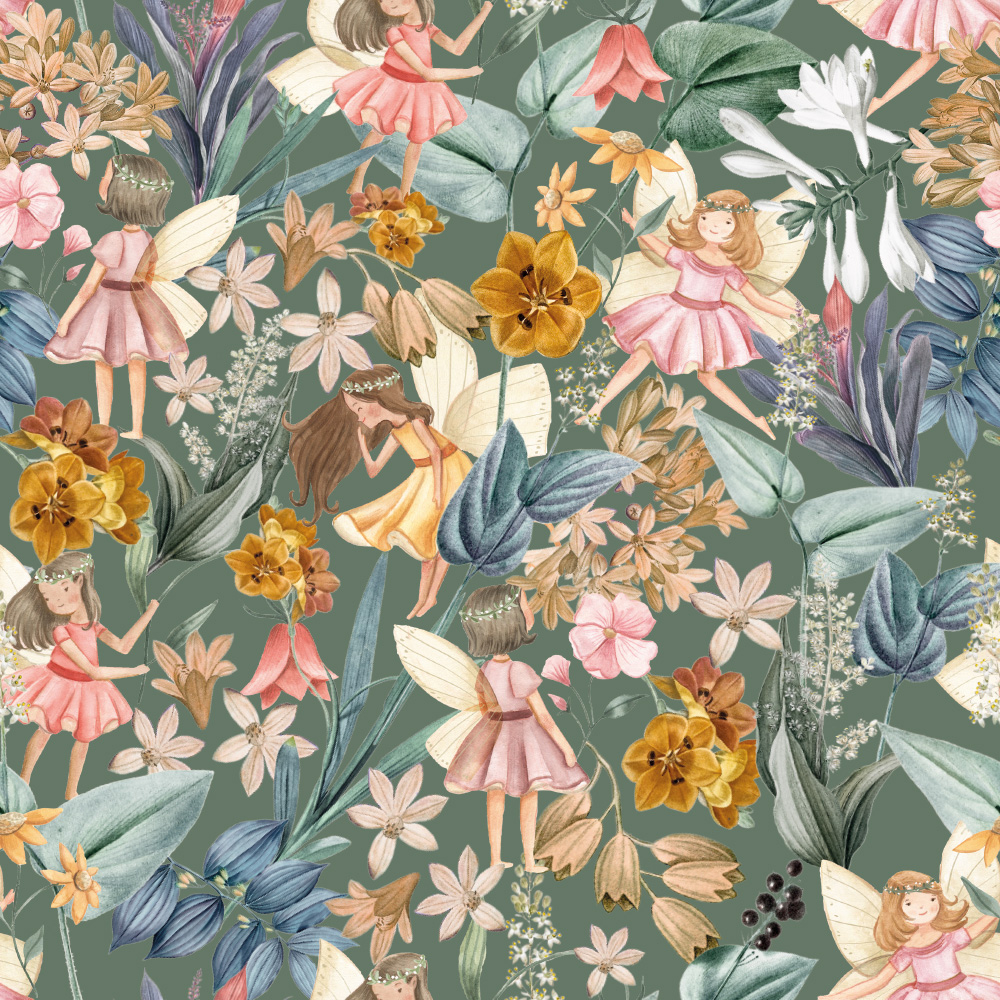 Blomsterflickor grön - Trikåtyg